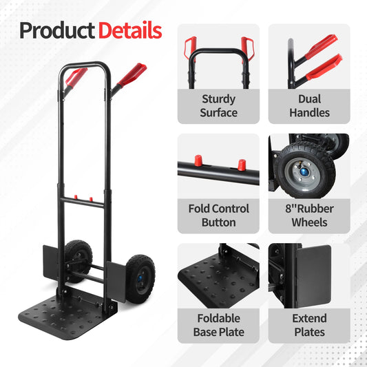 LEADALLWAY Double Handle Heavy Duty Large Hand Truck with 12.2"x11.4" Load Base,Side Panels 8" Pneumatic Rubber Wheels 440 lbs Capacity, Black & Red