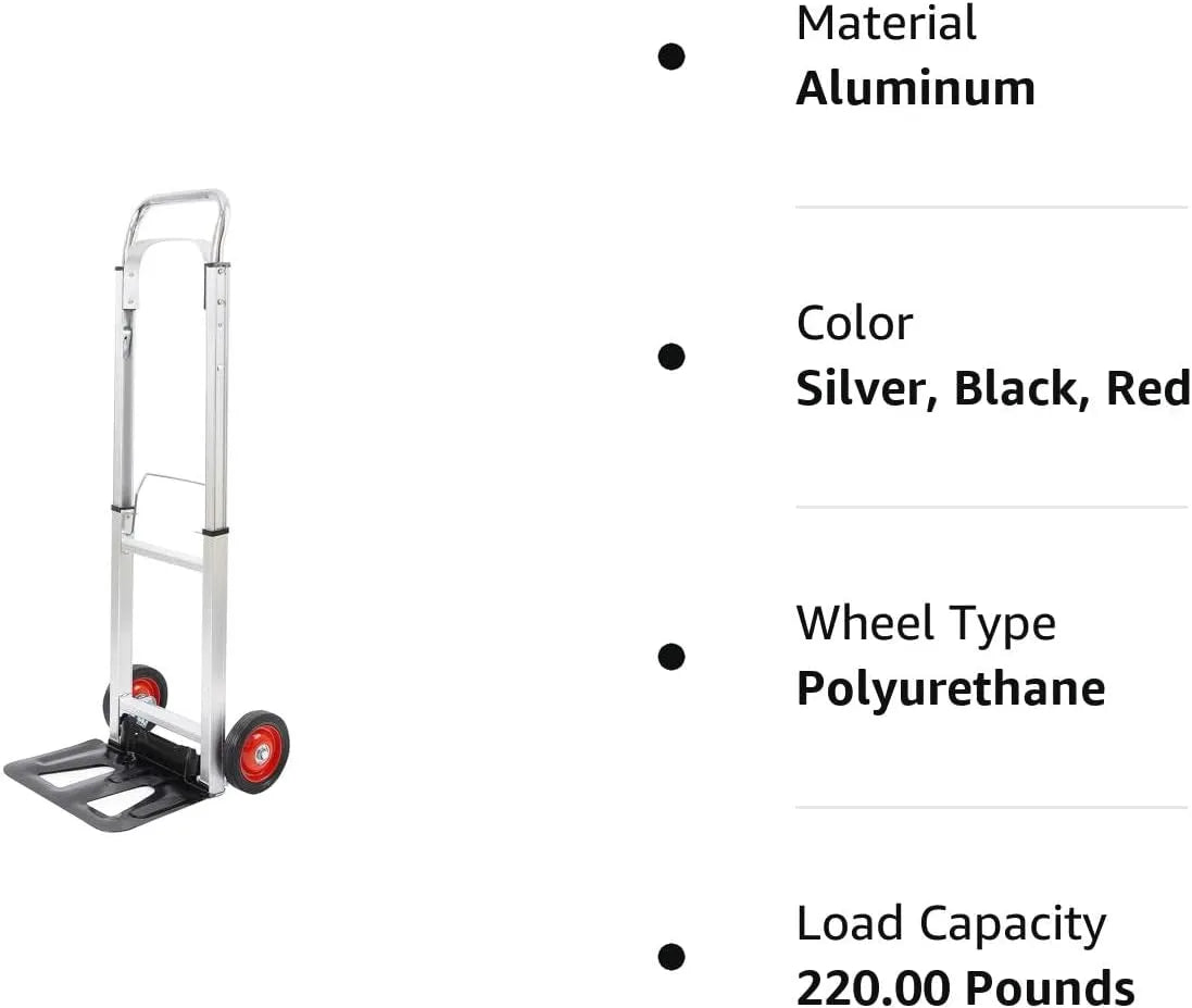 LEADALLWAY Hand Truck Aluminum Foldable Hand Cart with 6" Wheels 220 lb Capacity