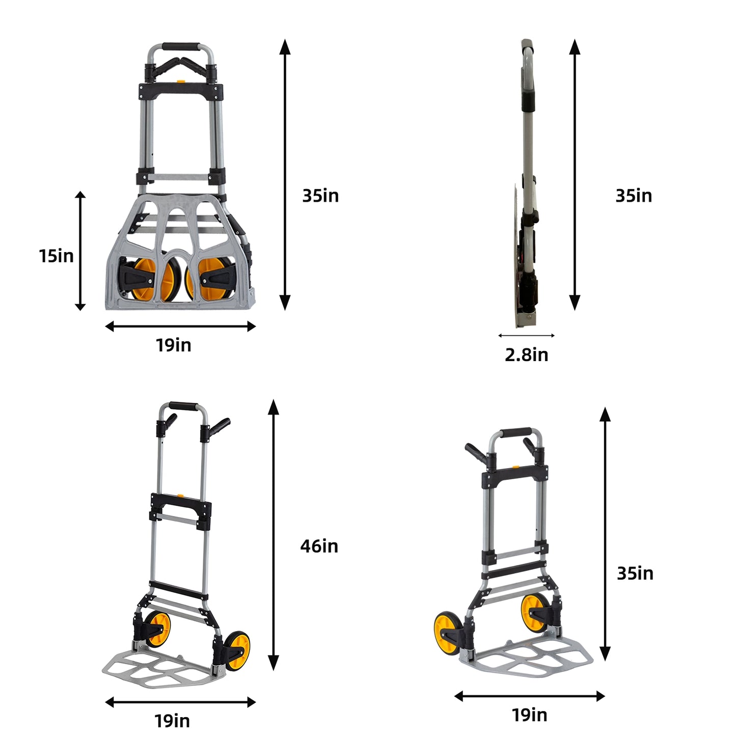 LEADALLWAY 265lbs Capacity Large Size Double Handle Dolly Cart with Ropes Heavy Duty Easy Push or Pull Folding Hand Truck,Steel Portable Cart with Telescoping Handle and Big Wheels