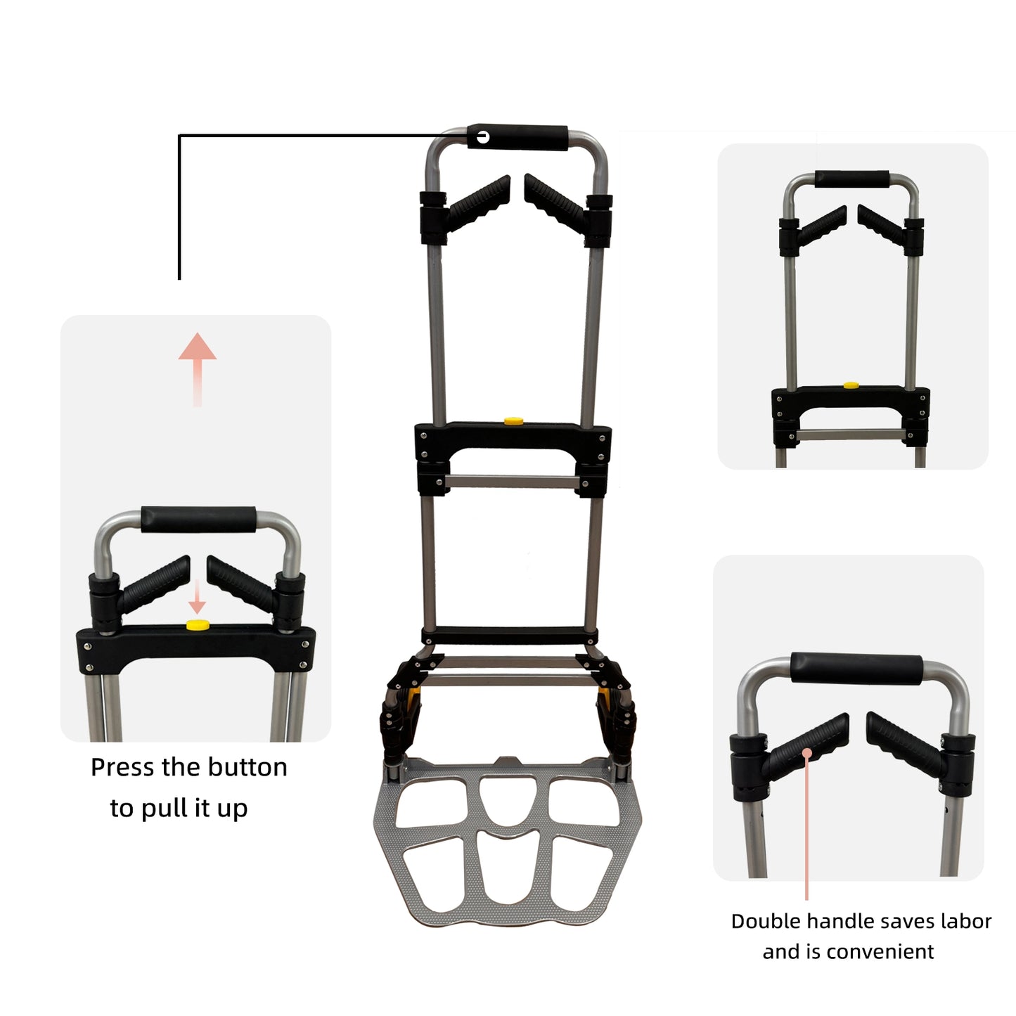 LEADALLWAY 265lbs Capacity Large Size Double Handle Dolly Cart with Ropes Heavy Duty Easy Push or Pull Folding Hand Truck,Steel Portable Cart with Telescoping Handle and Big Wheels