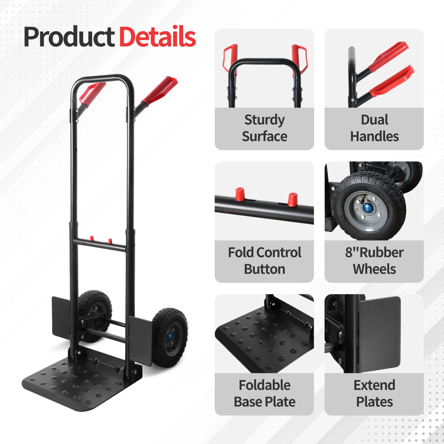 LEADALLWAY Double Handle Heavy Duty Large Hand Truck with 12.2"x11.4" Load Base,Side Panels 8" Pneumatic Rubber Wheels 440 lbs Capacity, Black & Red