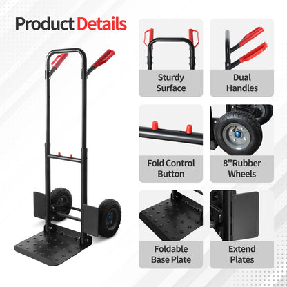 LEADALLWAY Double Handle Heavy Duty Large Hand Truck with 12.2"x11.4" Load Base,Side Panels 8" Pneumatic Rubber Wheels 440 lbs Capacity, Black & Red