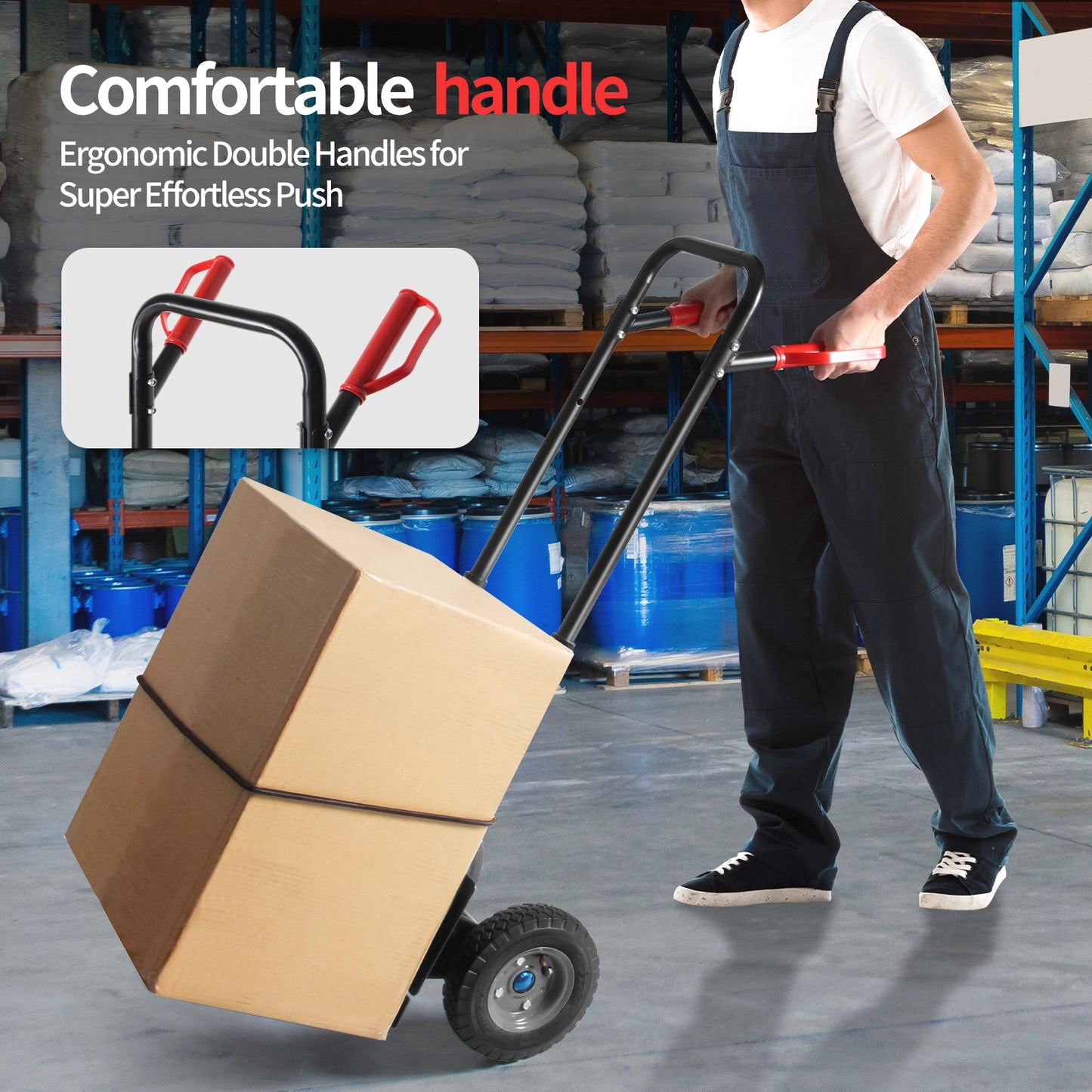 LEADALLWAY Double Handle Heavy Duty Large Hand Truck with 12.2"x11.4" Load Base,Side Panels 8" Pneumatic Rubber Wheels 440 lbs Capacity, Black & Red