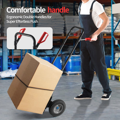 LEADALLWAY Double Handle Heavy Duty Large Hand Truck with 12.2"x11.4" Load Base,Side Panels 8" Pneumatic Rubber Wheels 440 lbs Capacity, Black & Red