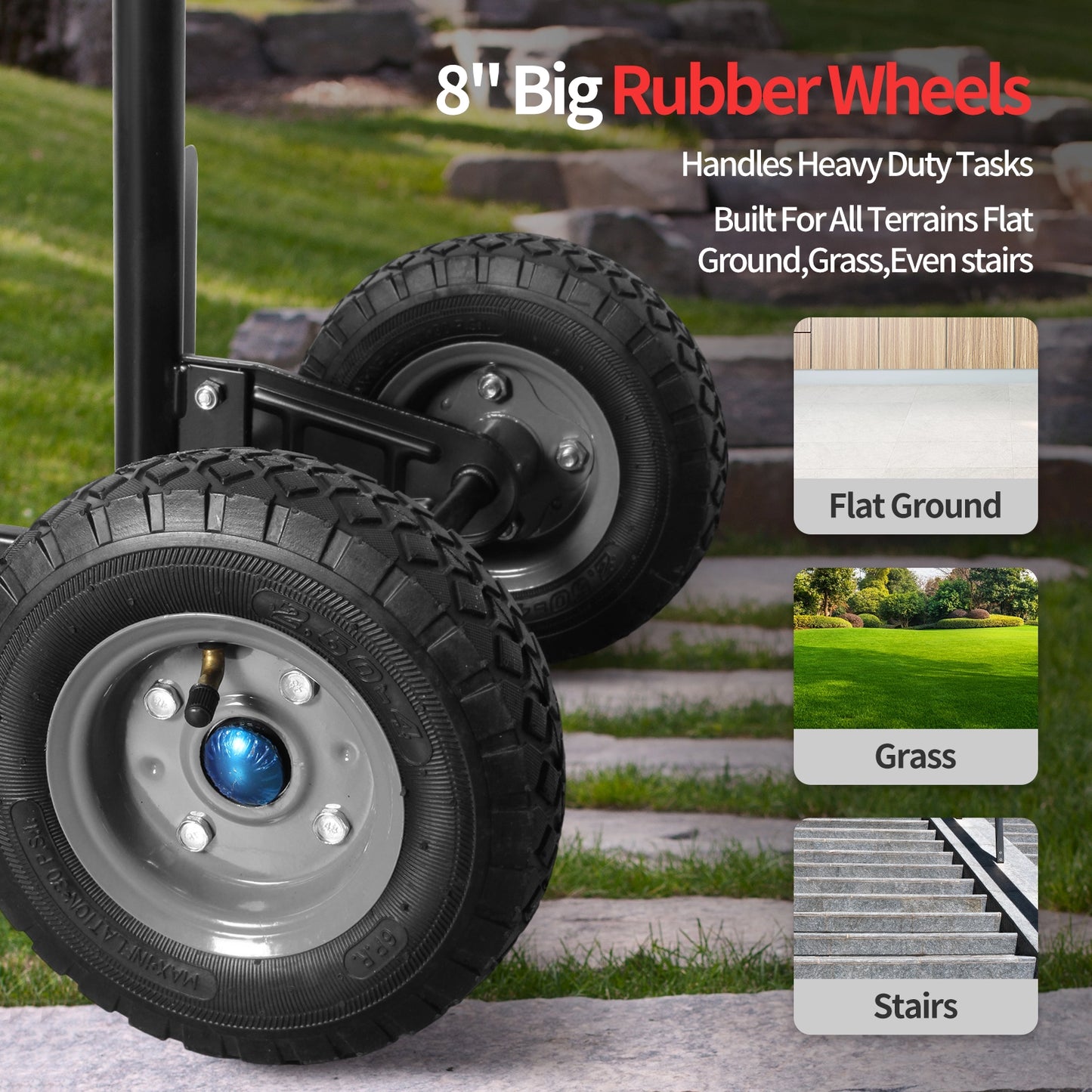 LEADALLWAY Double Handle Heavy Duty Large Hand Truck with 12.2"x11.4" Load Base,Side Panels 8" Pneumatic Rubber Wheels 440 lbs Capacity, Black & Red