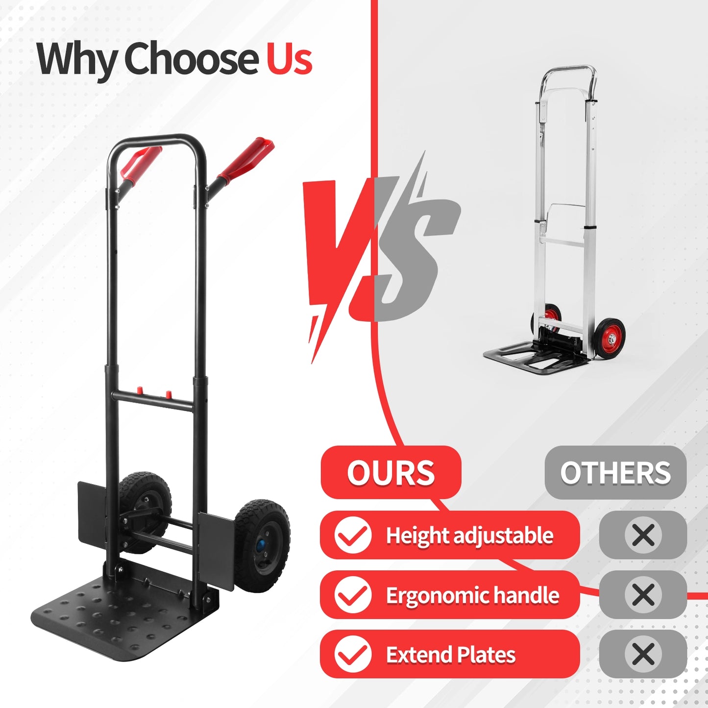 LEADALLWAY Double Handle Heavy Duty Large Hand Truck with 12.2"x11.4" Load Base,Side Panels 8" Pneumatic Rubber Wheels 440 lbs Capacity, Black & Red