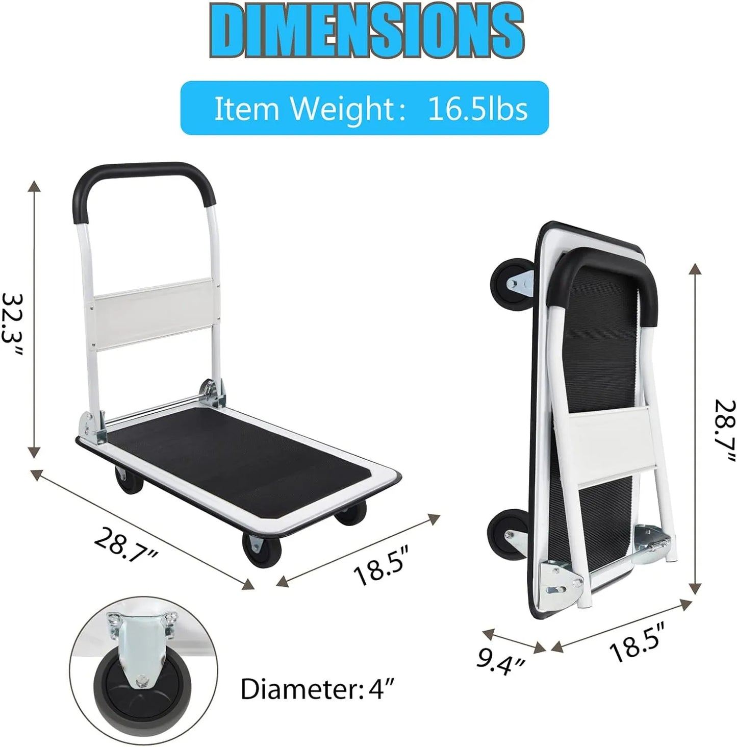 LEADALLWAY Foldable Push Cart Platform Cart 330lbs Capacity 4 Wheels 28.7x18.5x32.3inches White