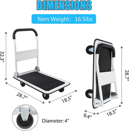 LEADALLWAY Foldable Push Cart Platform Cart 330lbs Capacity 4 Wheels 28.7x18.5x32.3inches White