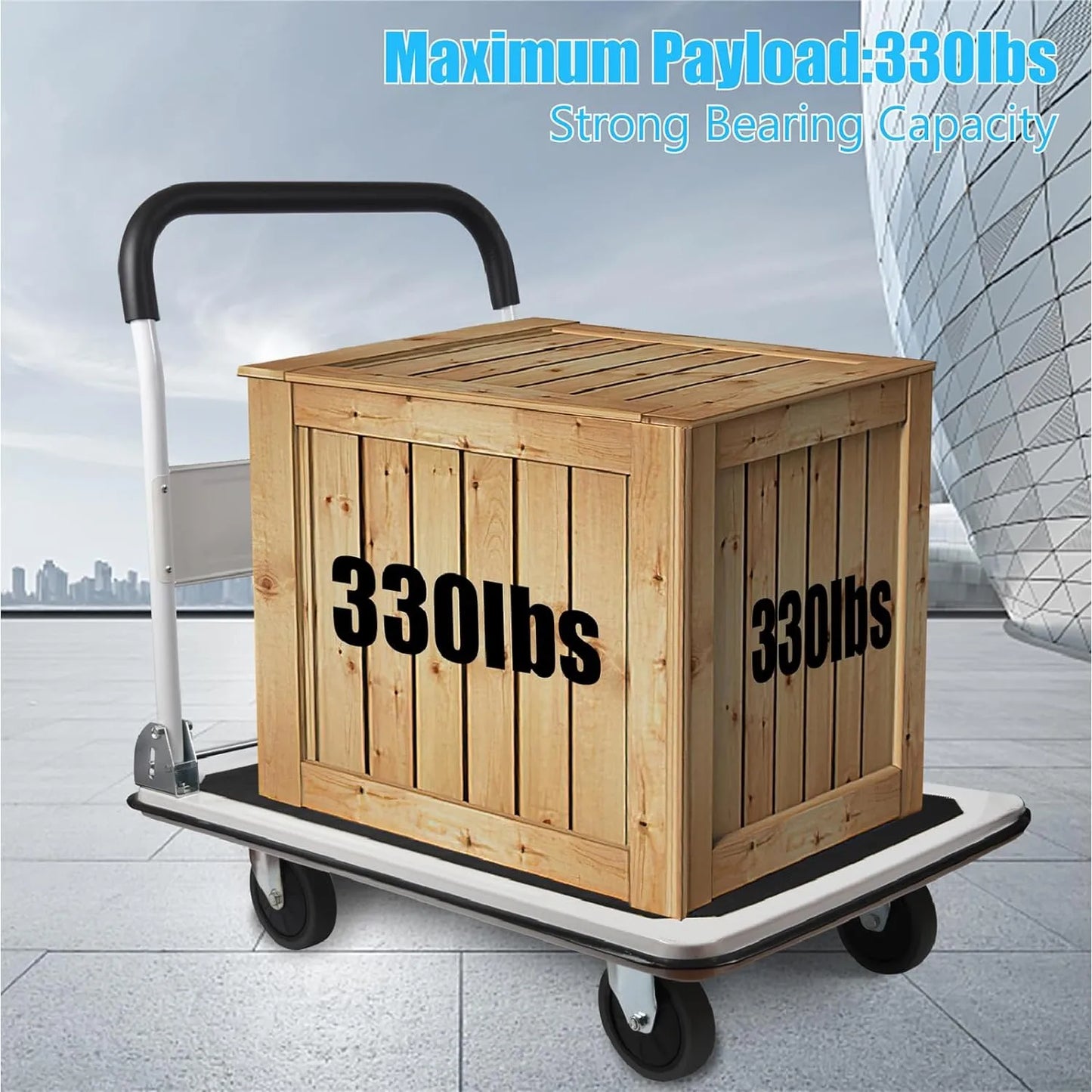 LEADALLWAY Foldable Push Cart Platform Cart 330lbs Capacity 4 Wheels 28.7x18.5x32.3inches White