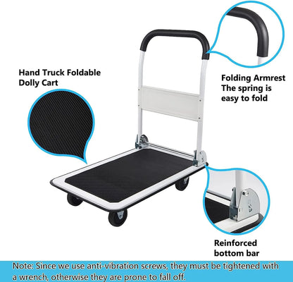 LEADALLWAY Foldable Push Cart Platform Cart 330lbs Capacity 4 Wheels 28.7x18.5x32.3inches White