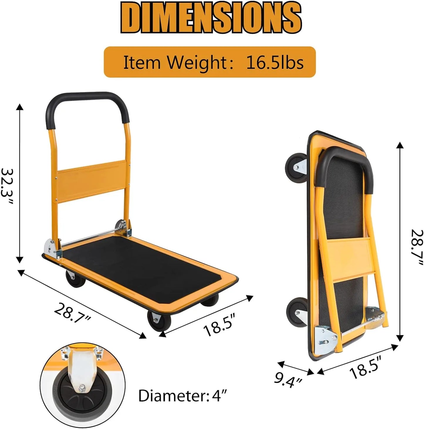 LEADALLWAY Foldable Push Cart Platform Cart 330lbs Capacity 4 Wheels 28.7x18.5x32.3inches Yellow