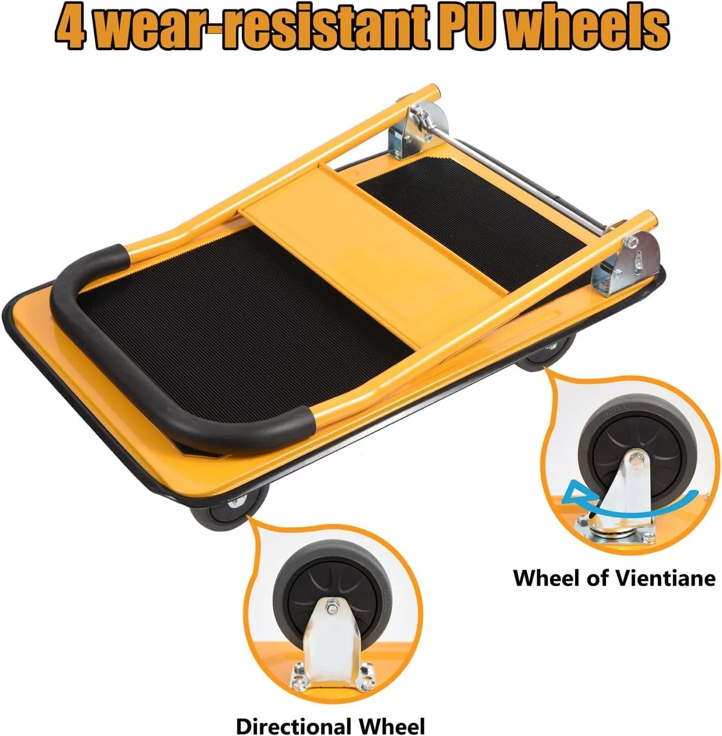 LEADALLWAY Foldable Push Cart Platform Cart 330lbs Capacity 4 Wheels 28.7x18.5x32.3inches Yellow
