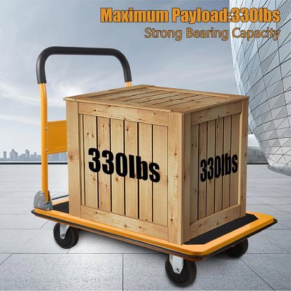 LEADALLWAY Foldable Push Cart Platform Cart 330lbs Capacity 4 Wheels 28.7x18.5x32.3inches Yellow