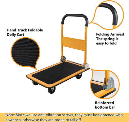 LEADALLWAY Foldable Push Cart Platform Cart 330lbs Capacity 4 Wheels 28.7x18.5x32.3inches Yellow