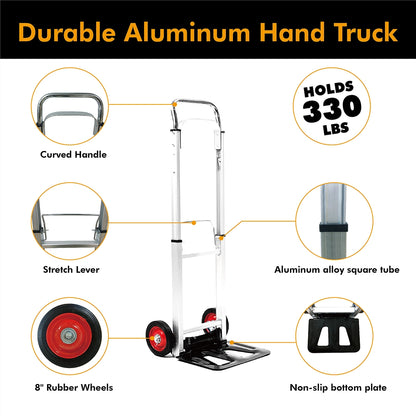 LEADALLWAY Hand Truck Aluminum Foldable Hand Cart with 6" Wheels 220 lb Capacity