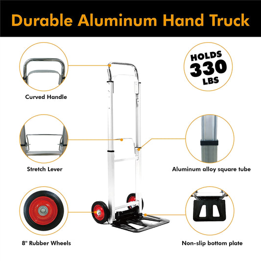 LEADALLWAY Hand Truck Aluminum Foldable Hand Cart with 6" Wheels 220 lb Capacity