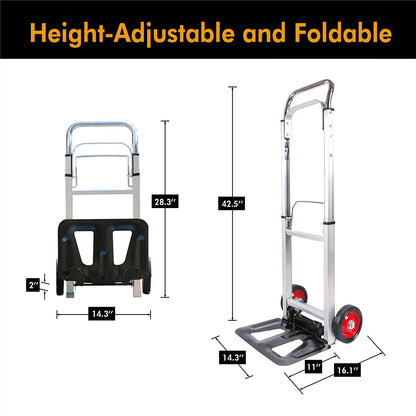 LEADALLWAY Hand Truck Aluminum Foldable Hand Cart with 6" Wheels 220 lb Capacity