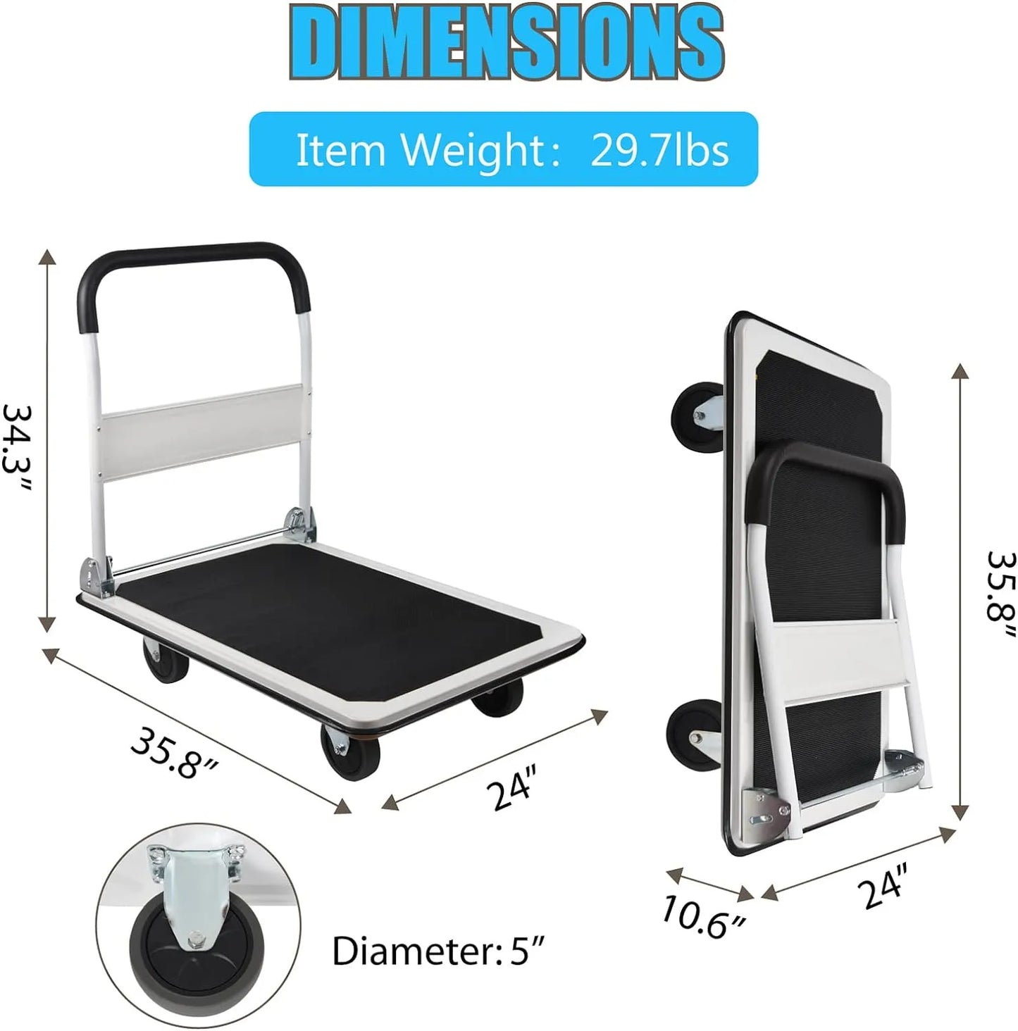 LEADALLWAY Platform Truck Large Size 880lbs Foldable Push Cart 35.8x24x34.3inches White