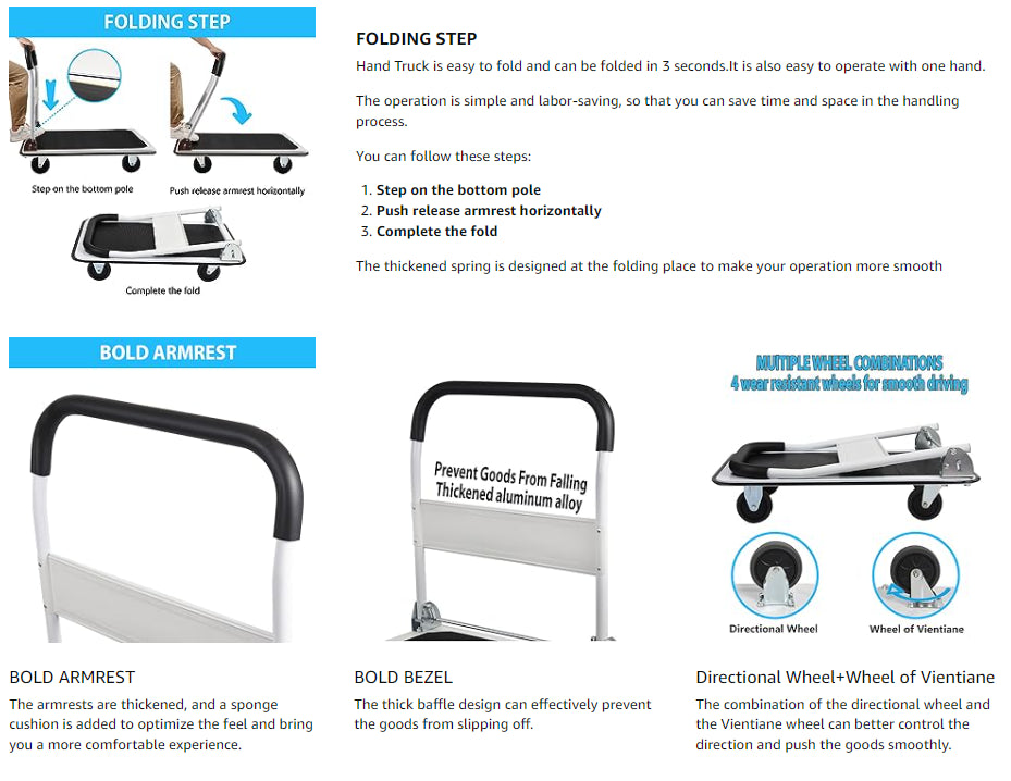 LEADALLWAY Platform Truck Large Size 880lbs Foldable Push Cart 35.8x24x34.3inches White