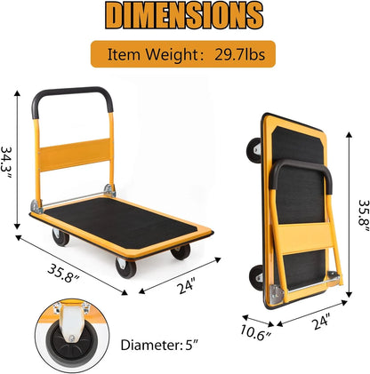 LEADALLWAY Platform Truck Large Size 880lbs Foldable Push Cart 35.8x24x34.3 inches Yellow