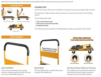 LEADALLWAY Platform Truck Large Size 880lbs Foldable Push Cart 35.8x24x34.3 inches Yellow